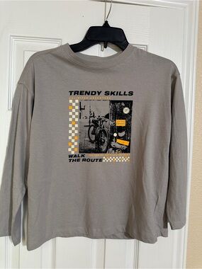 Zara Gray Long Sleeve Tee with Bike Graphic and Yellow Accents